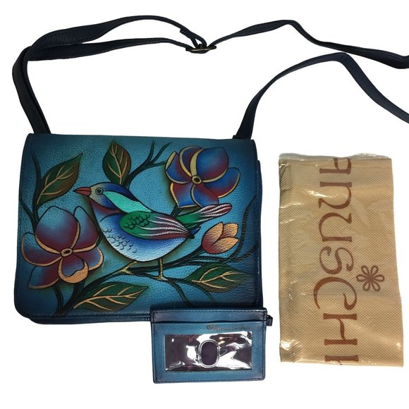 Anuschka NEVER USED Handpaint Leather Small Cross Body Bag Bird Blue - Picture 5 of 16